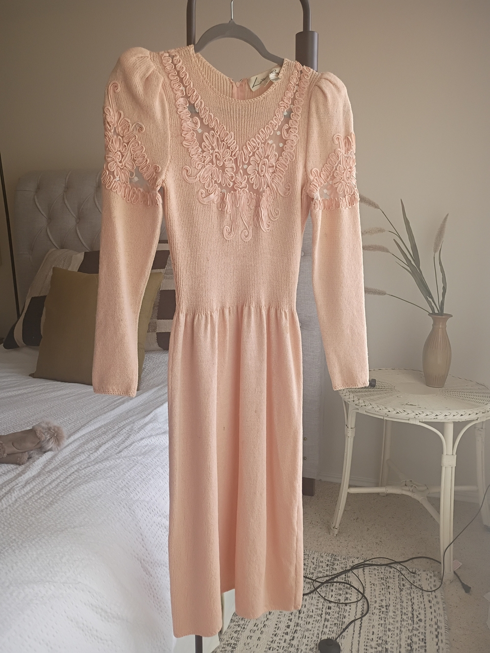 Vintage Lillie Rubin Blush Pink Long-Sleeve Embroidered Midi Dress